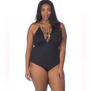 La Blanca Women's Wild Safari High Neck‎ Lace Up Plus One Piece Swimsuit Size 14